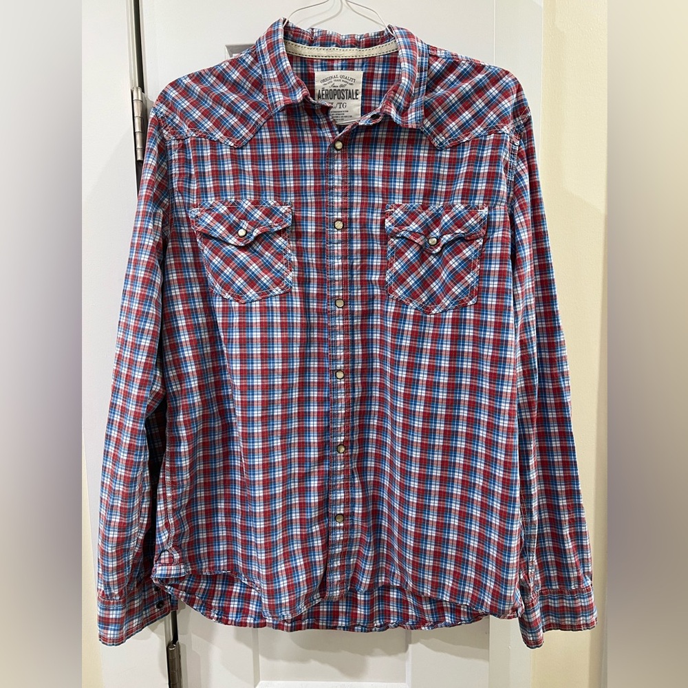Aeropostale Men's Vibrant Red and Blue Checkered Shirt